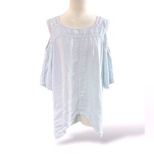 John‎ P Greece 100% Linen Sky Blue Cold Shoulder Blouse size S (E26)